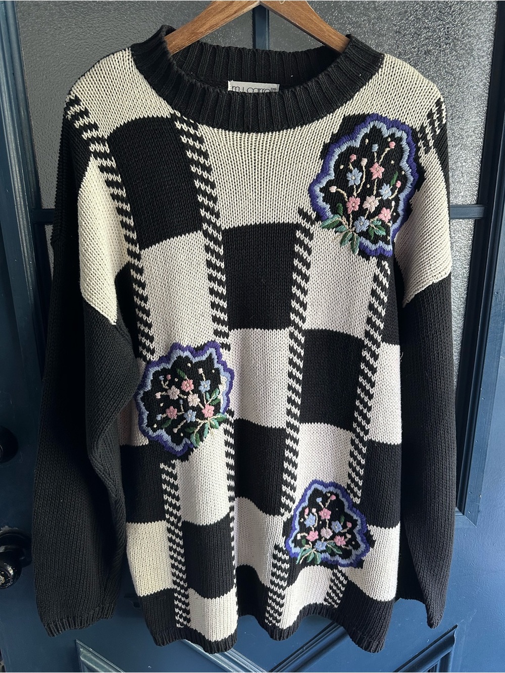 Vintage Checked Crewneck Sweater with Floral Embroidery